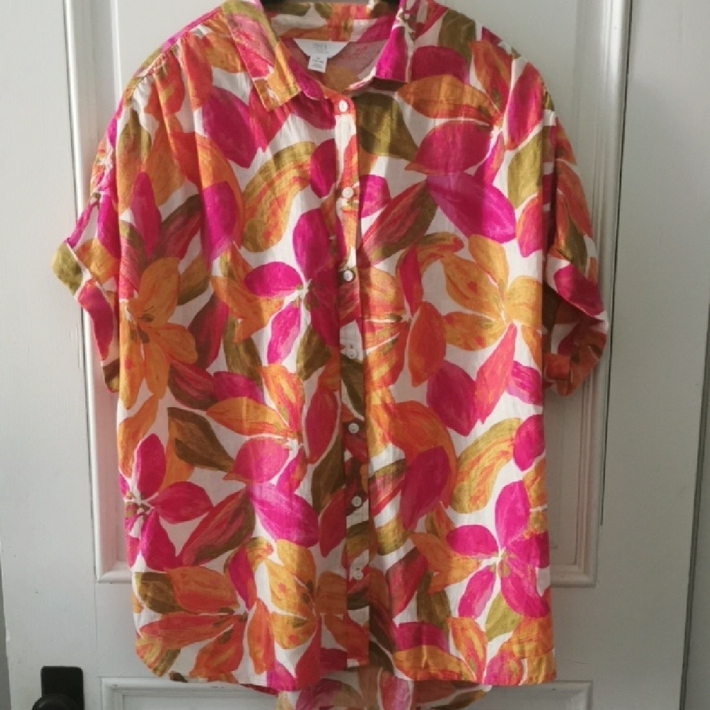 Time and Tru Hawaiian tropicvibrant floral 🧡🩷 linen blend blouse. Size 16-18.